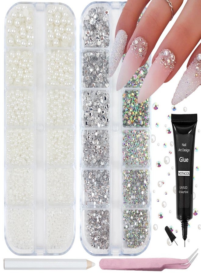 VOTACOS Nail Art Pearls Rhinestones with Glue Gel White Flatback Pearls Luxurious Nail Charms Supplies Accessories Colorful Nails Rhinestones Gems Jewelry for Women Nails Design - Image 1
